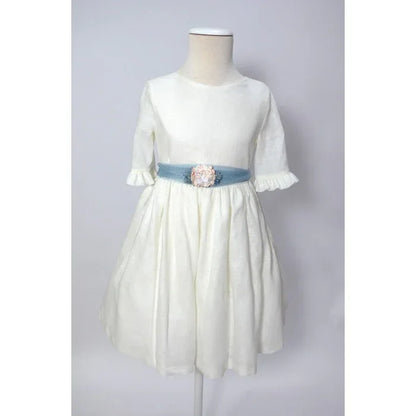 Vestido lino beig manga francesa y fajin azul empolvado - PARDALETS