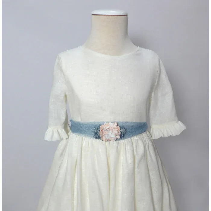 Vestido lino beig manga francesa y fajin azul empolvado - PARDALETS