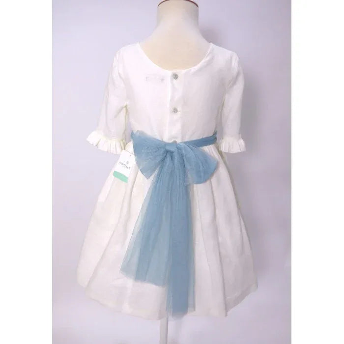 Vestido lino beig manga francesa y fajin azul empolvado - PARDALETS