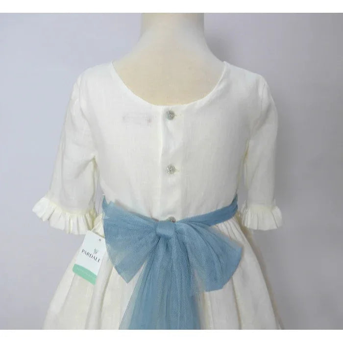 Vestido lino beig manga francesa y fajin azul empolvado - PARDALETS