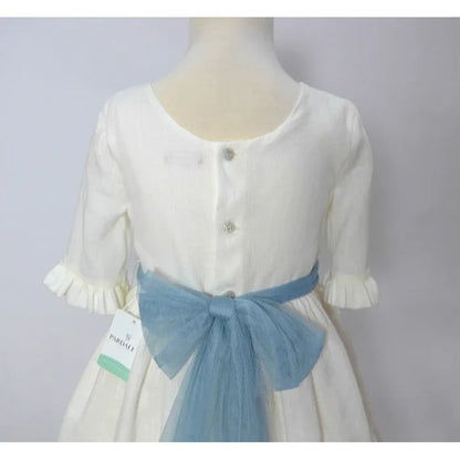 Vestido lino beig manga francesa y fajin azul empolvado - PARDALETS