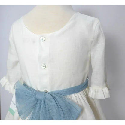 Vestido lino beig manga francesa y fajin azul empolvado - PARDALETS