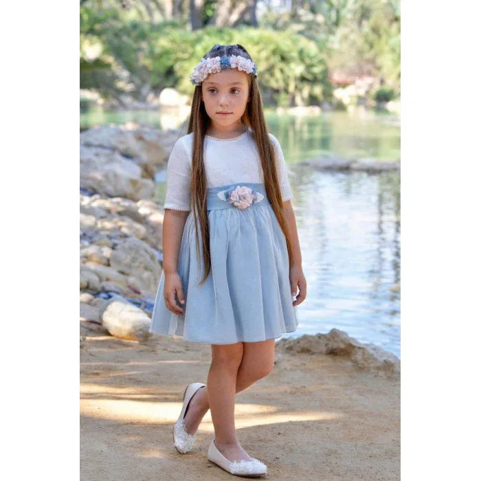 Vestido lino beig y azul oceano con manguita - PARDALETS