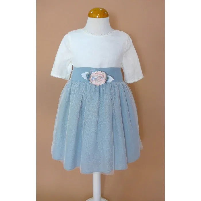 Vestido lino beig y azul oceano con manguita - PARDALETS