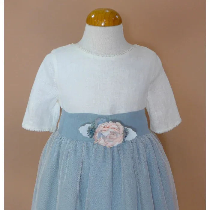 Vestido lino beig y azul oceano con manguita - PARDALETS