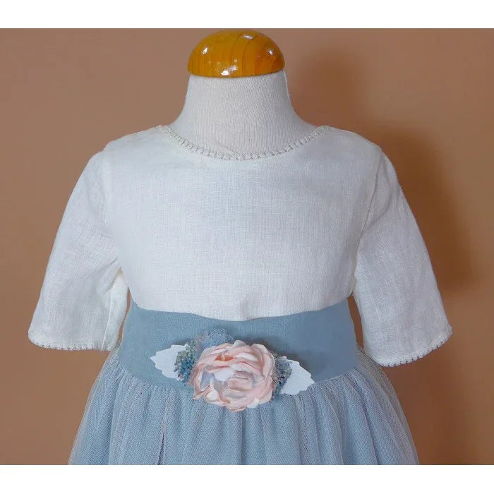 Vestido lino beig y azul oceano con manguita - PARDALETS