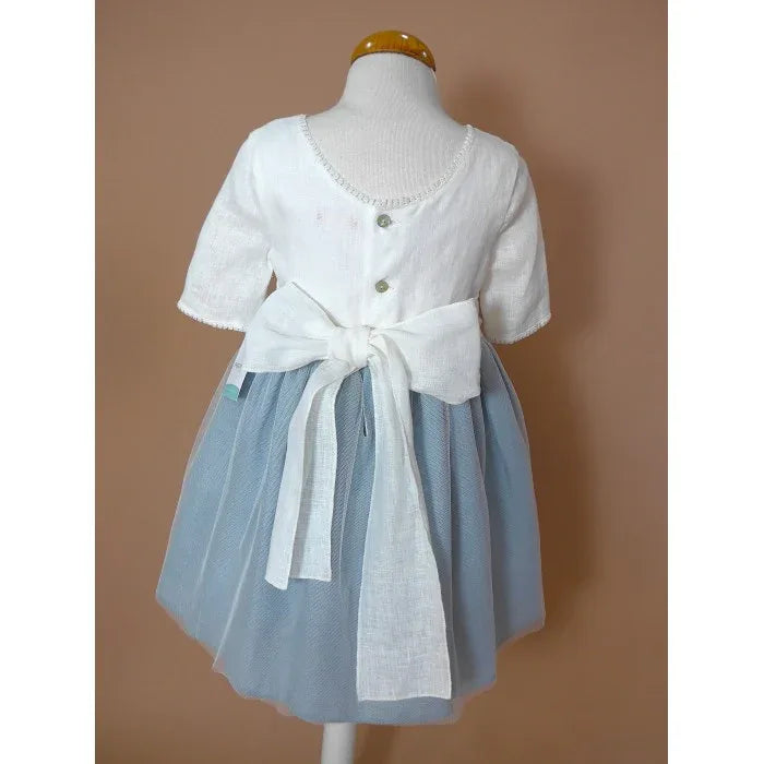 Vestido lino beig y azul oceano con manguita - PARDALETS