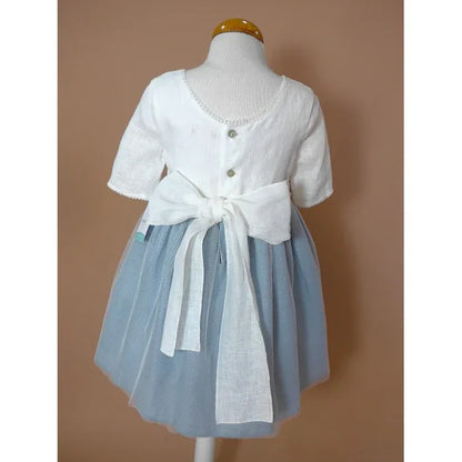 Vestido lino beig y azul oceano con manguita - PARDALETS