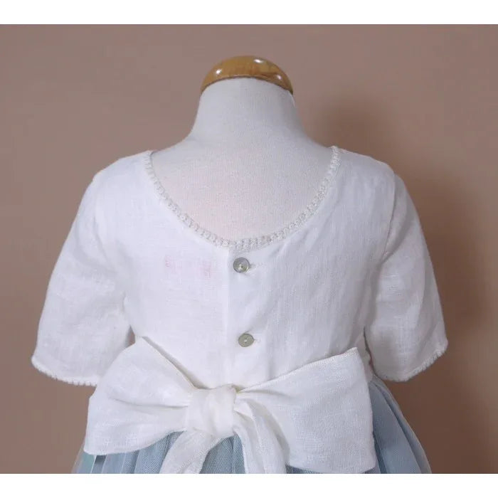 Vestido lino beig y azul oceano con manguita - PARDALETS