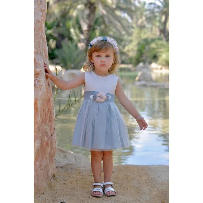 Vestido lino beig y azul oceano con manguita - PARDALETS