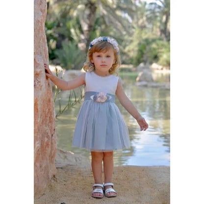 Vestido lino beig y azul oceano con manguita - PARDALETS