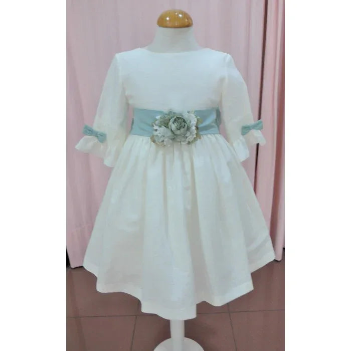 Vestido lino blanco roto con manguita francesa y fajin verde - PARDALETS