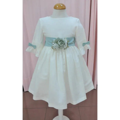 Vestido lino blanco roto con manguita francesa y fajin verde - PARDALETS