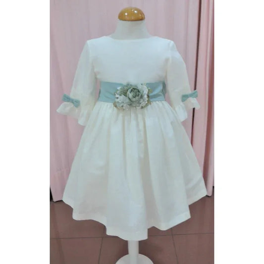 Vestido lino blanco roto con manguita francesa y fajin verde - PARDALETS