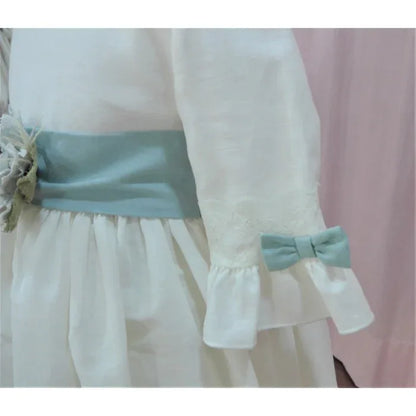 Vestido lino blanco roto con manguita francesa y fajin verde - PARDALETS