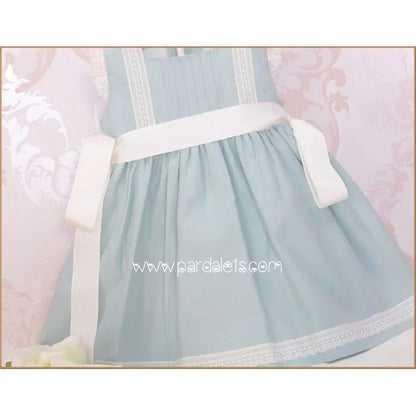 Vestido lino verde agua y puntillas y lazo beig - PARDALETS