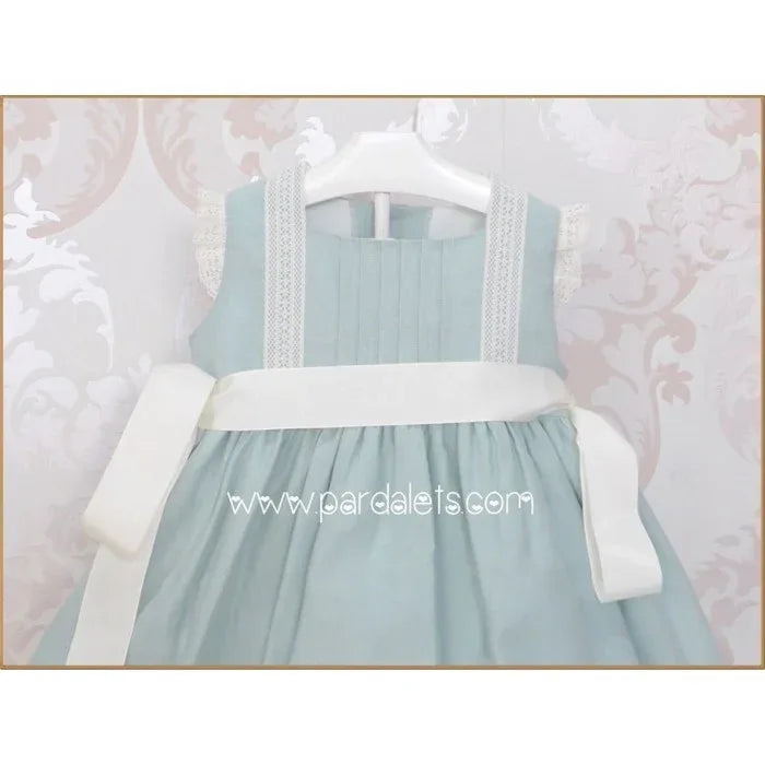 Vestido lino verde agua y puntillas y lazo beig - PARDALETS