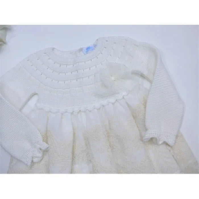 Vestido manga larga algodón beige y tul bordado - PARDALETS