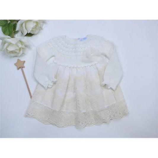 Vestido manga larga algodón beige y tul bordado - PARDALETS