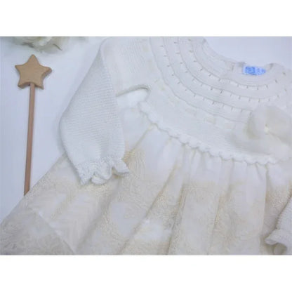 Vestido manga larga algodón beige y tul bordado - PARDALETS