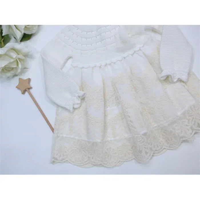 Vestido manga larga algodón beige y tul bordado - PARDALETS