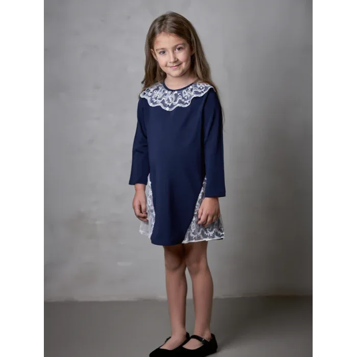 Vestido manga larga azul marino con puntilla - PARDALETS