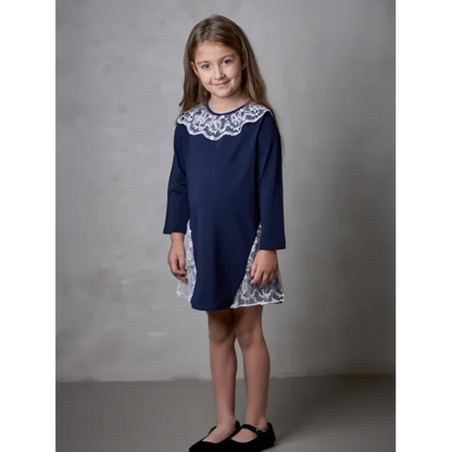 Vestido manga larga azul marino con puntilla - PARDALETS