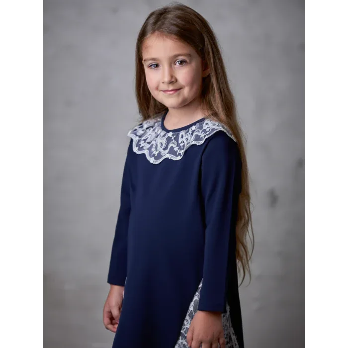 Vestido manga larga azul marino con puntilla - PARDALETS