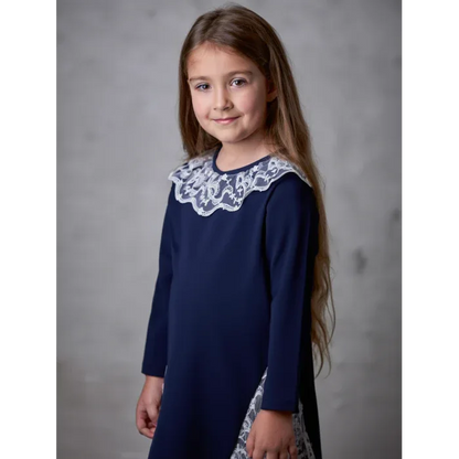 Vestido manga larga azul marino con puntilla - PARDALETS