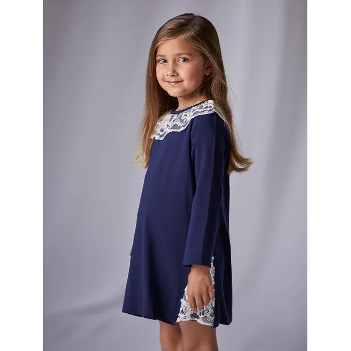 Vestido manga larga azul marino con puntilla - PARDALETS