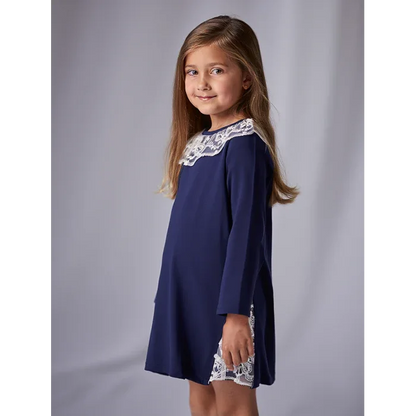 Vestido manga larga azul marino con puntilla - PARDALETS