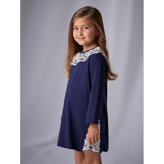Vestido manga larga azul marino con puntilla - PARDALETS