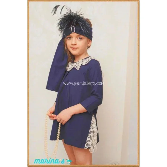 Vestido manga larga azul marino con puntilla - PARDALETS