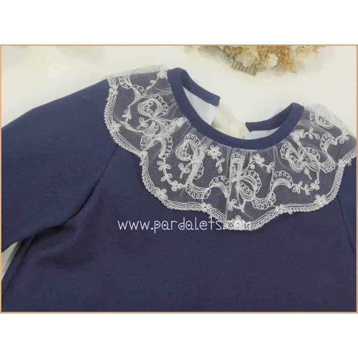 Vestido manga larga azul marino con puntilla - PARDALETS
