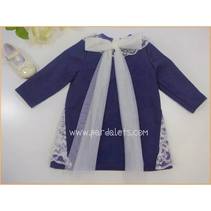 Vestido manga larga azul marino con puntilla - PARDALETS