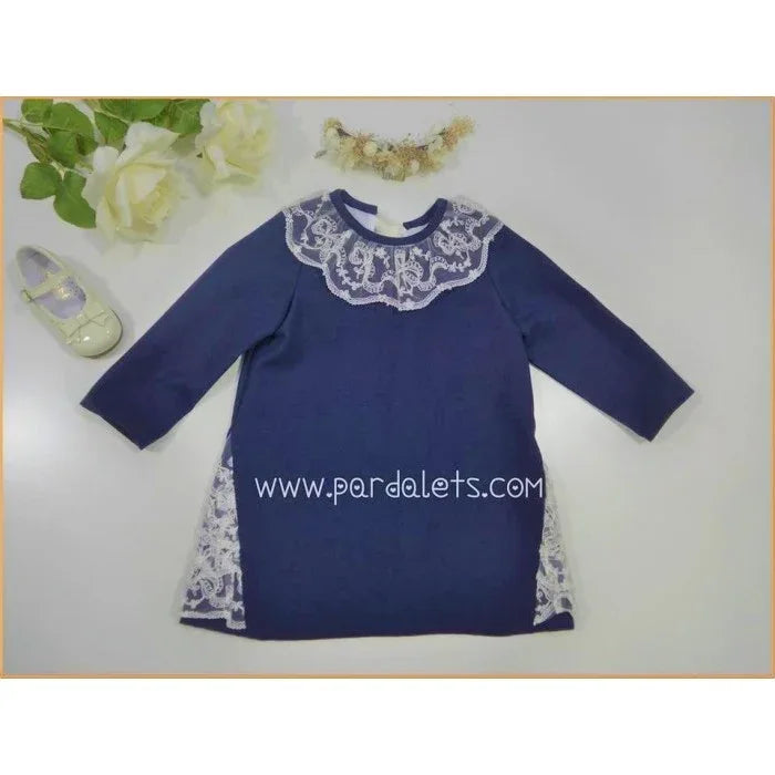 Vestido manga larga azul marino con puntilla - PARDALETS