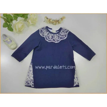 Vestido manga larga azul marino con puntilla - PARDALETS