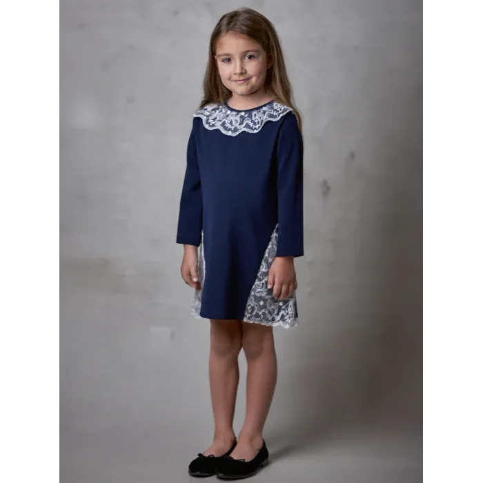 Vestido manga larga azul marino con puntilla - PARDALETS