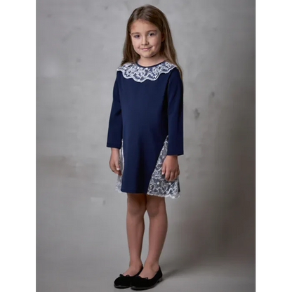 Vestido manga larga azul marino con puntilla - PARDALETS