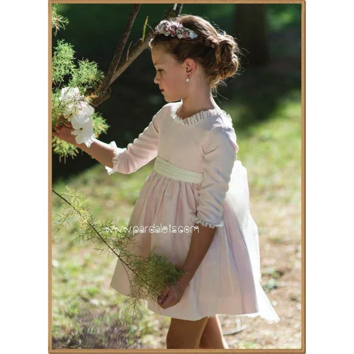 Vestido mikado rosa bebe cubierto tul y lazada tul beig - PARDALETS