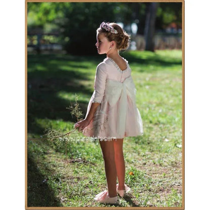 Vestido mikado rosa bebe cubierto tul y lazada tul beig - PARDALETS