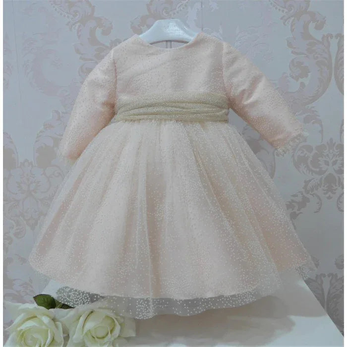 Vestido mikado salmón con flocado y fajin - PARDALETS