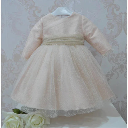 Vestido mikado salmón con flocado y fajin - PARDALETS