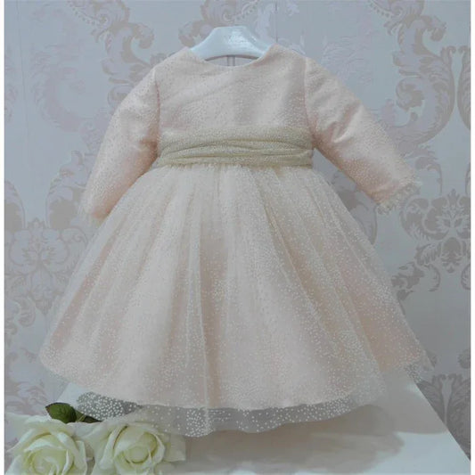 Vestido mikado salmón con flocado y fajin - PARDALETS