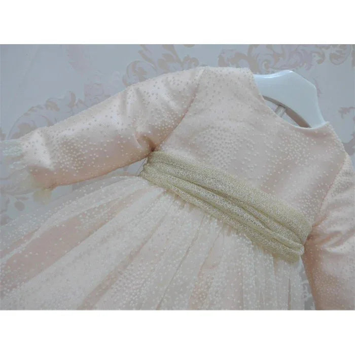 Vestido mikado salmón con flocado y fajin - PARDALETS