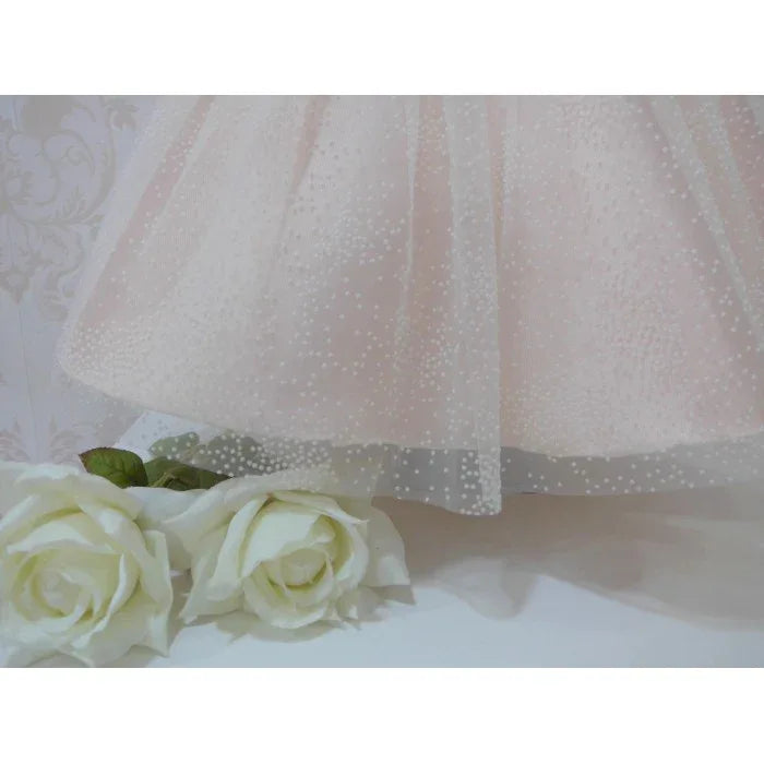 Vestido mikado salmón con flocado y fajin - PARDALETS