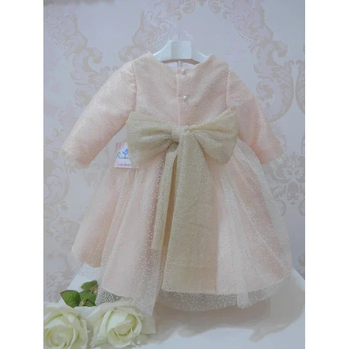 Vestido mikado salmón con flocado y fajin - PARDALETS