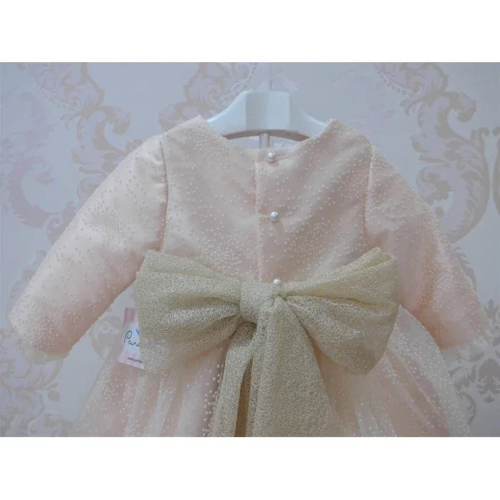 Vestido mikado salmón con flocado y fajin - PARDALETS