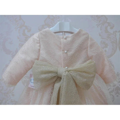 Vestido mikado salmón con flocado y fajin - PARDALETS