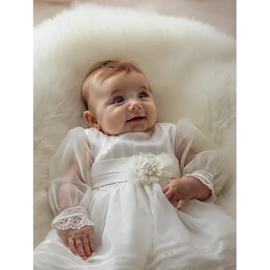 Vestido organza bordada beig y capota - PARDALETS